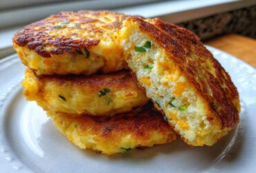 A stack of three golden brown mashed potato cakes, with one cut open showing cheese and chives inside.