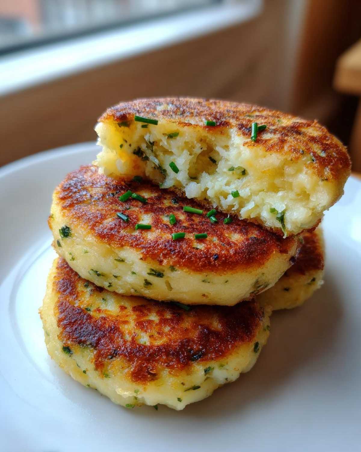 A stack of three golden brown mashed potato cakes, one broken open to show the fluffy interior and chives.