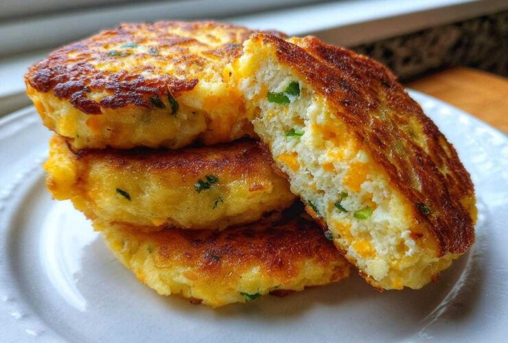 A stack of three golden brown mashed potato cakes, with one cut open showing cheese and chives inside.