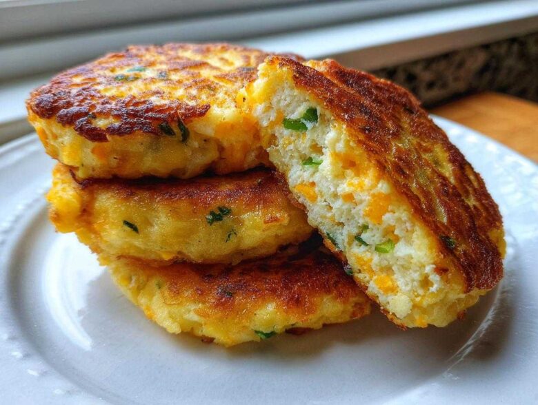 A stack of three golden brown mashed potato cakes, with one cut open showing cheese and chives inside.