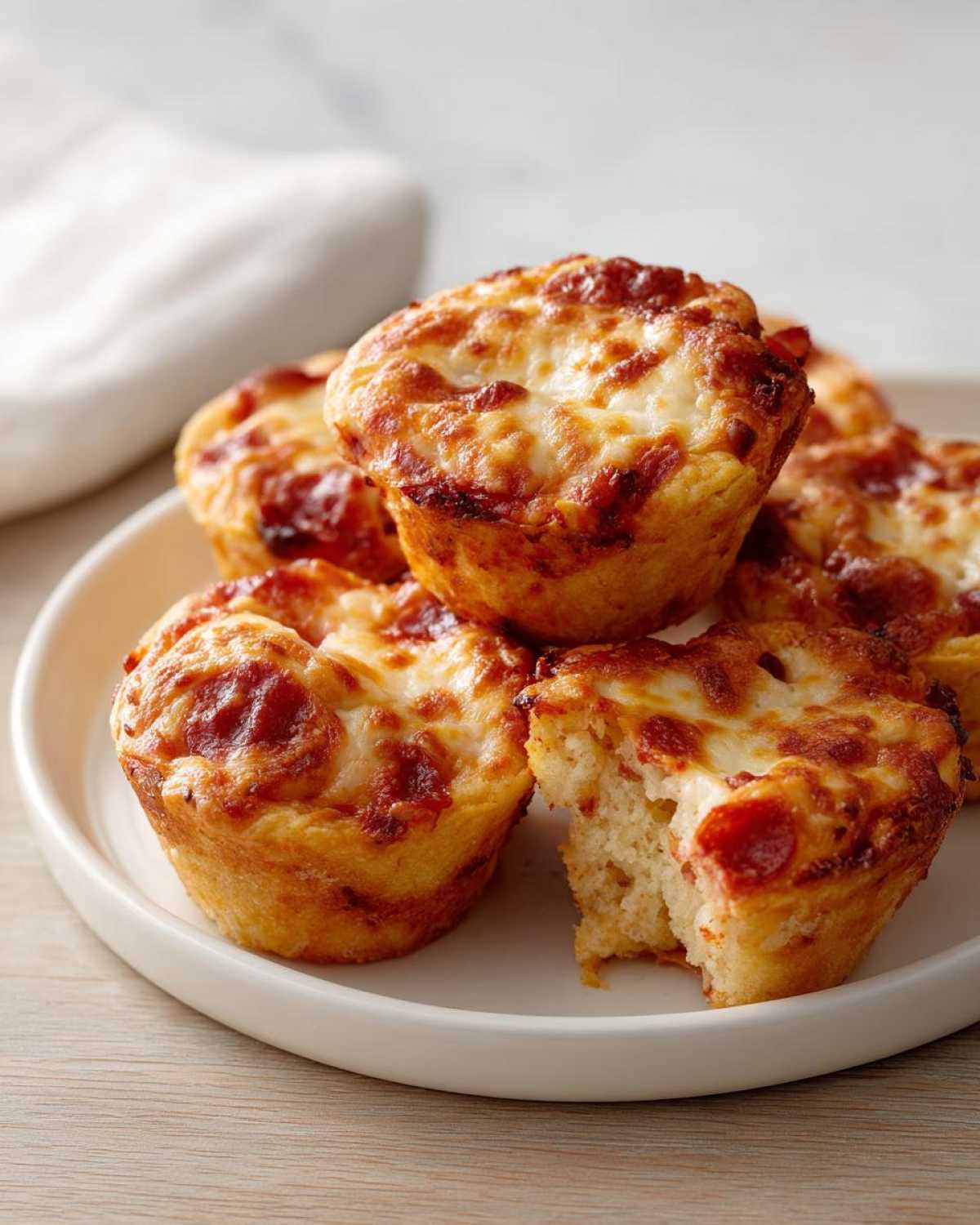 A stack of golden brown pizza muffins topped with melted cheese and pepperoni, one is broken open showing the soft interior.