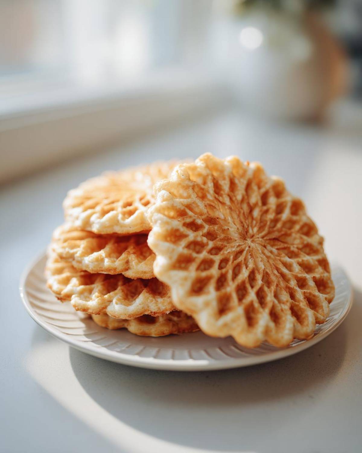 A stack of freshly made, golden brown pizzelle cookies with intricate patterns resting on a small white plate.