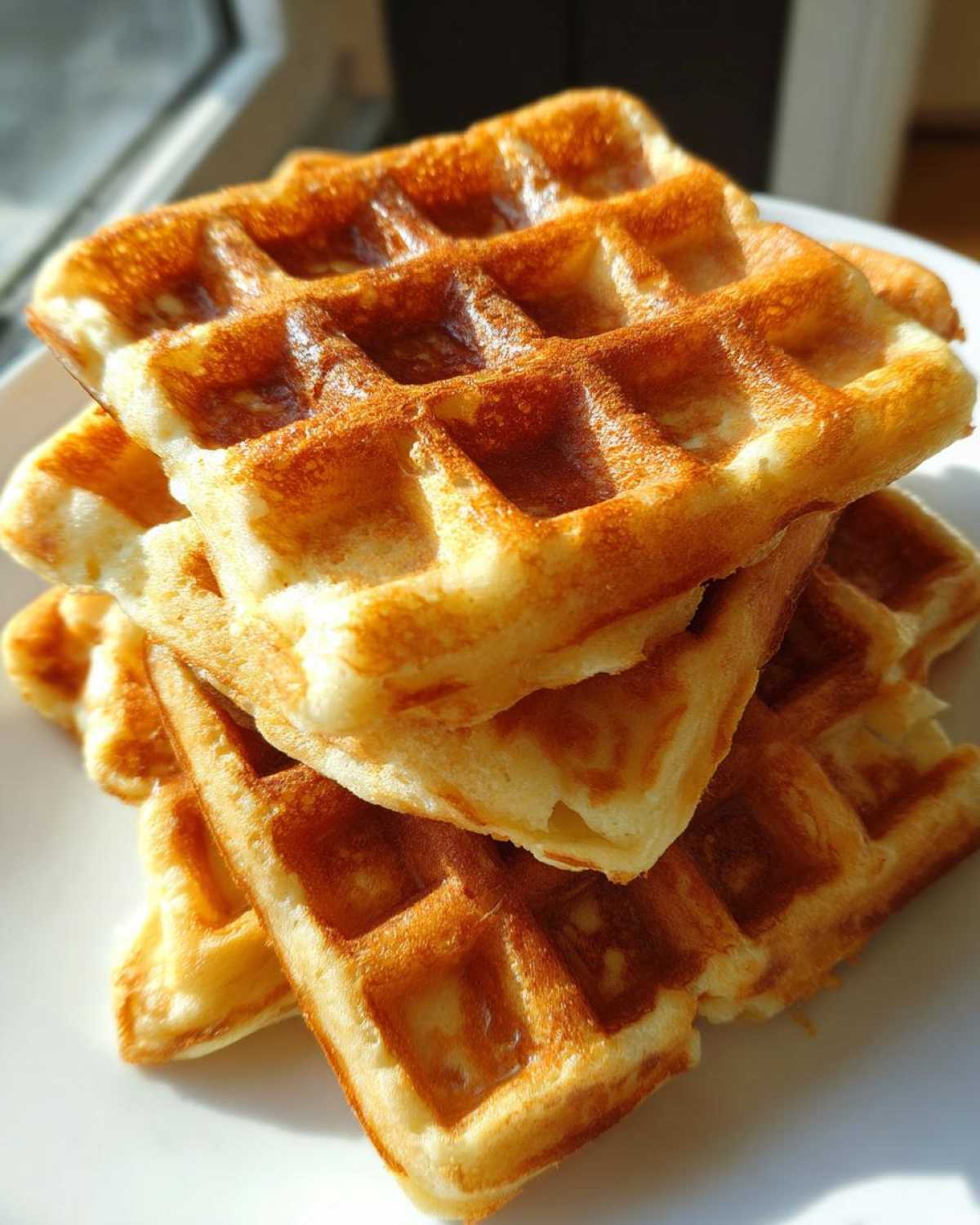 A close-up stack of four golden brown, fluffy high protein waffles resting on a white plate near a window.