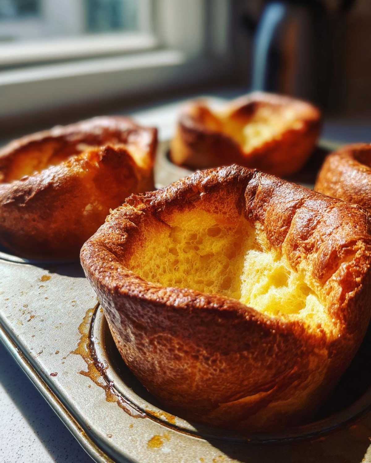 Close-up of golden brown, perfectly risen yorkshire pudding in a metal muffin tin, fresh from the oven.
