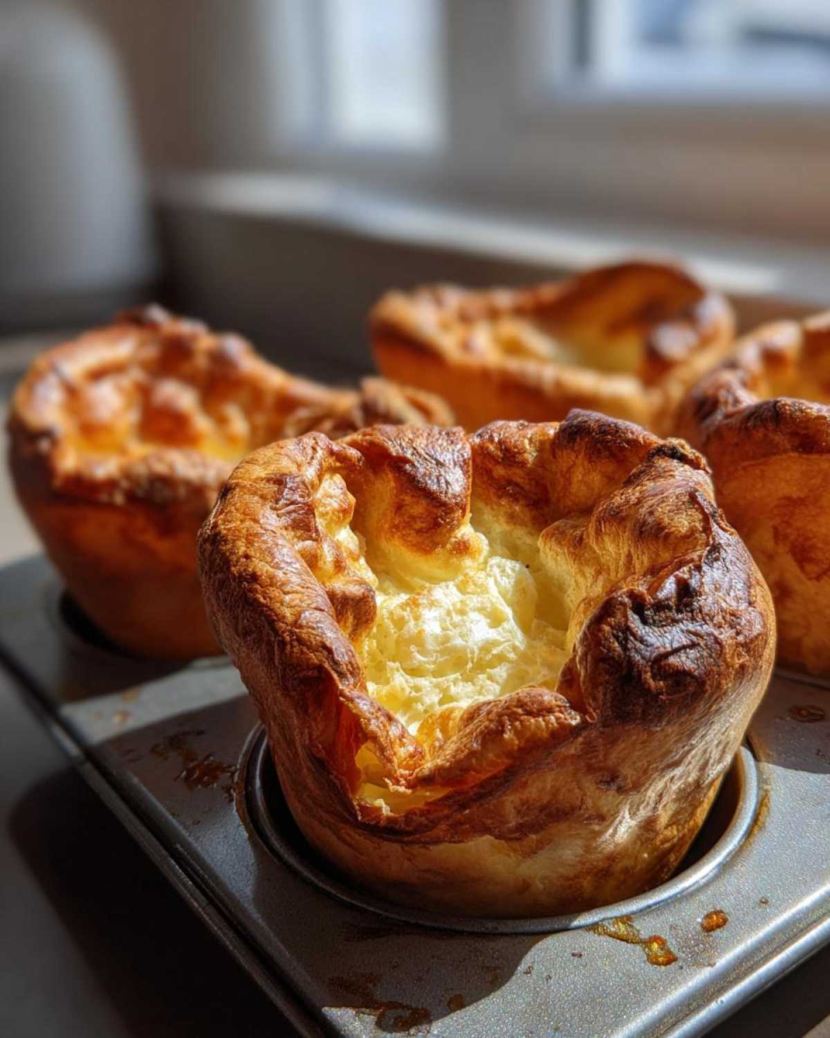 Close-up of a golden brown, perfectly risen yorkshire pudding sitting in a metal muffin tin.