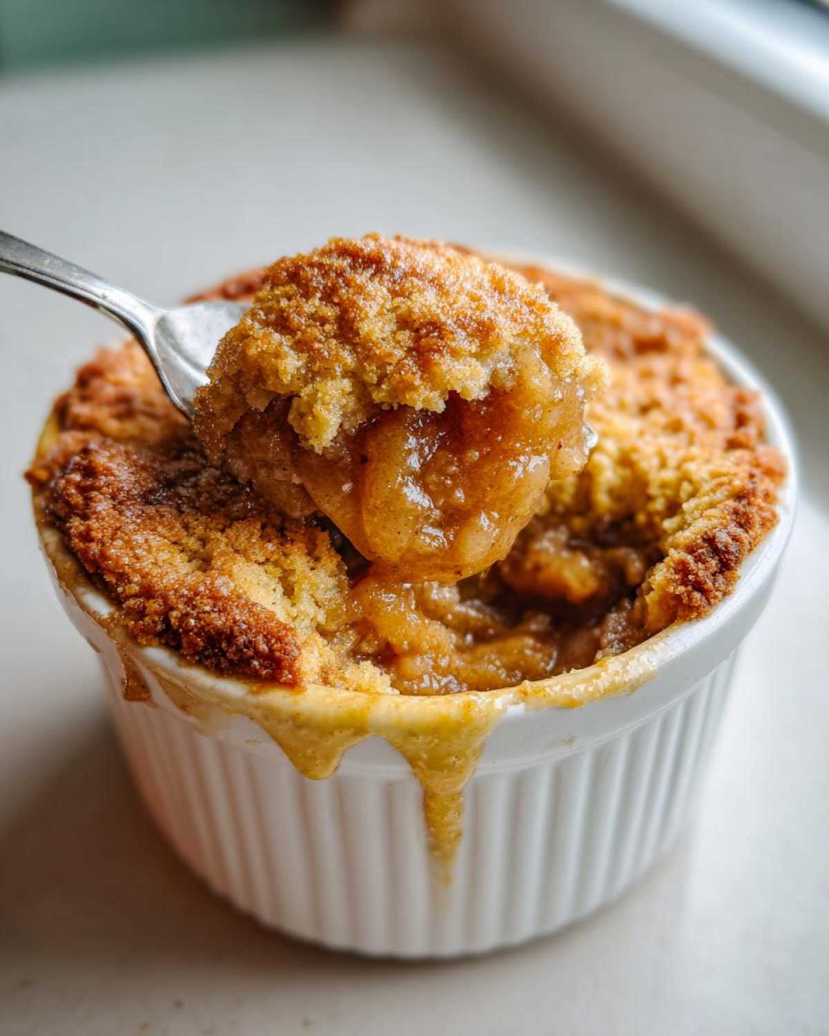 A spoonful of warm, gooey apple crumble being lifted from a white ramekin, showing the crisp topping.