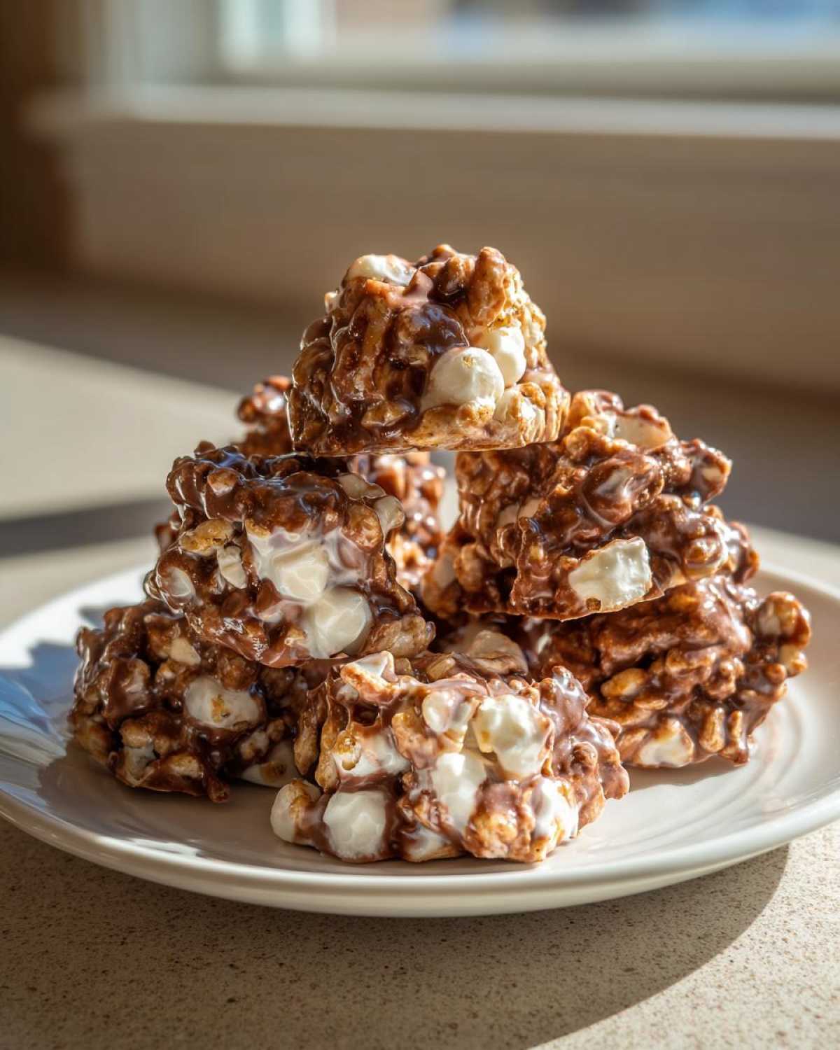 A stack of rich, chocolatey avalanche cookies loaded with white marshmallows on a white plate.