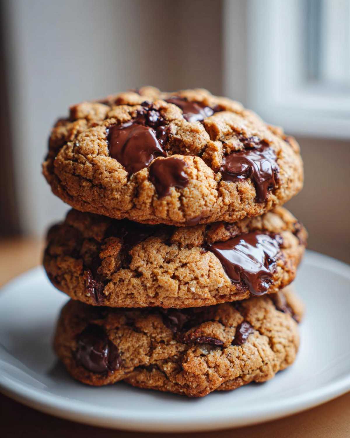 Three perfectly baked chocolate chip cookies stacked high, featuring melted chocolate pools.