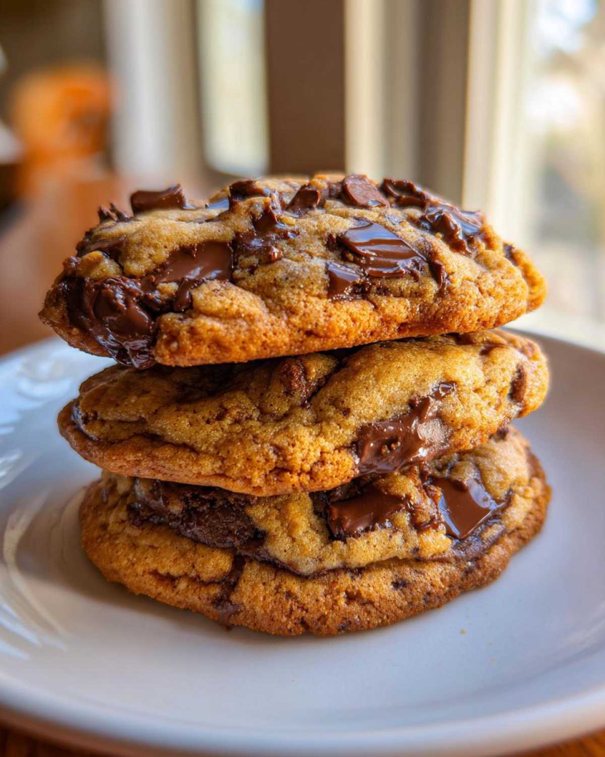 A tempting stack of three large, gooey chocolate chip cookies with melted chocolate chunks.