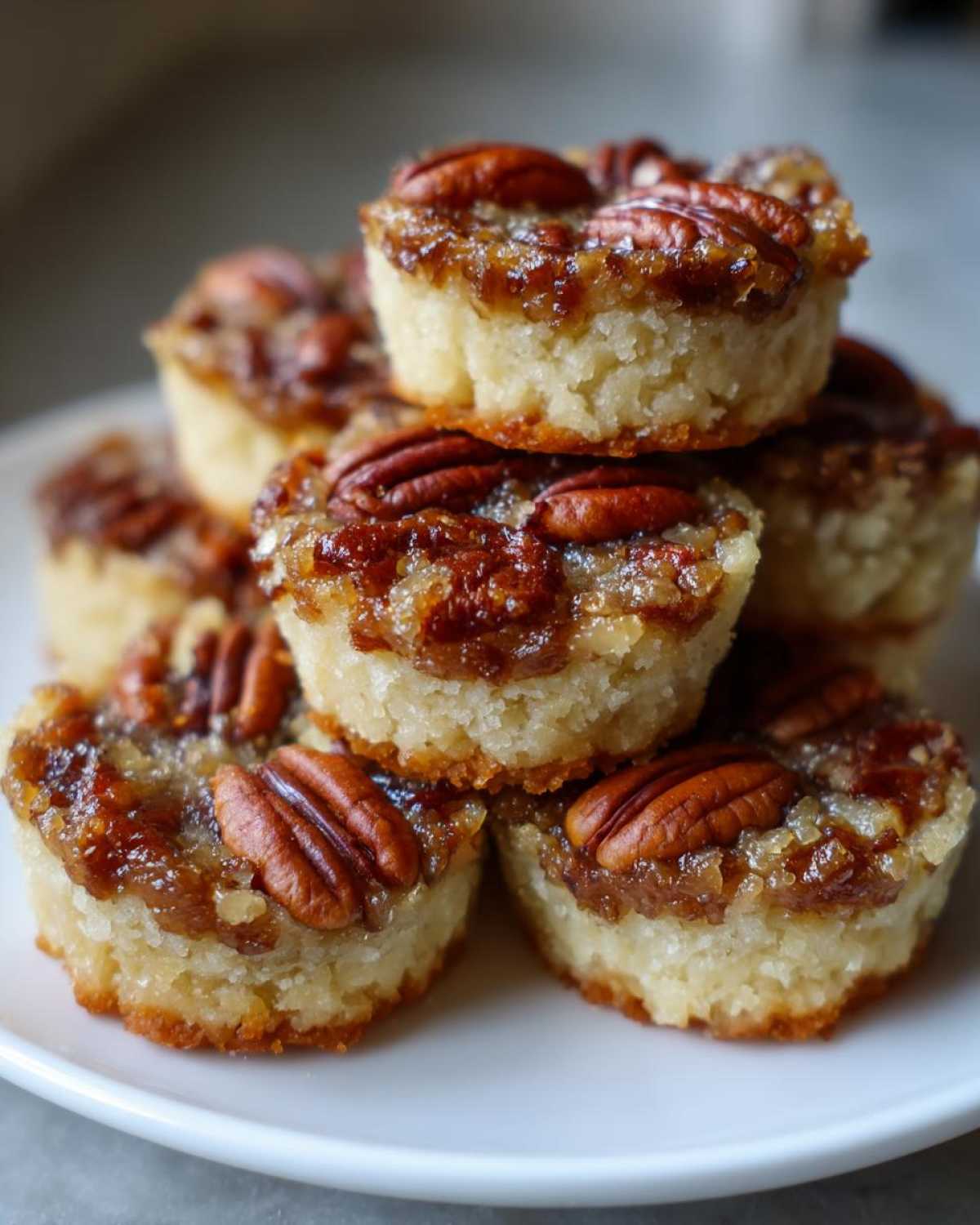 A stack of gooey pecan pie cookies topped with whole pecans, ready to be eaten.