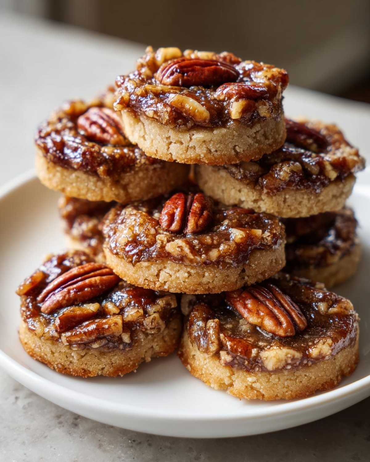 A stack of homemade pecan pie cookies featuring a gooey caramel topping and whole pecans.