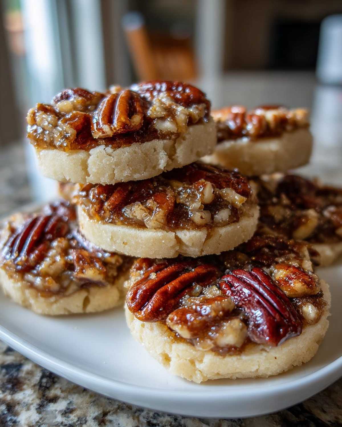 A stack of gooey pecan pie cookies featuring a shortbread base and shiny pecan topping.
