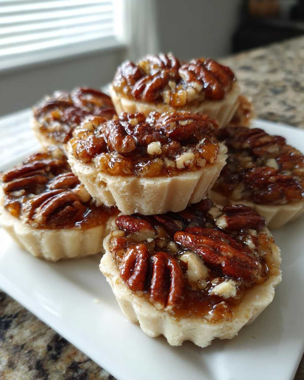 A stack of gooey pecan pie cookies with caramelized topping and whole pecans on a white plate.