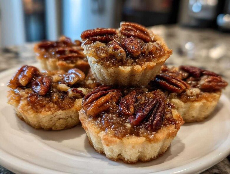 A stack of gooey pecan pie cookies topped with whole pecans, ready to eat.