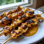 Close-up of beautifully grilled chicken satay skewers served on a white plate with a side of peanut sauce.