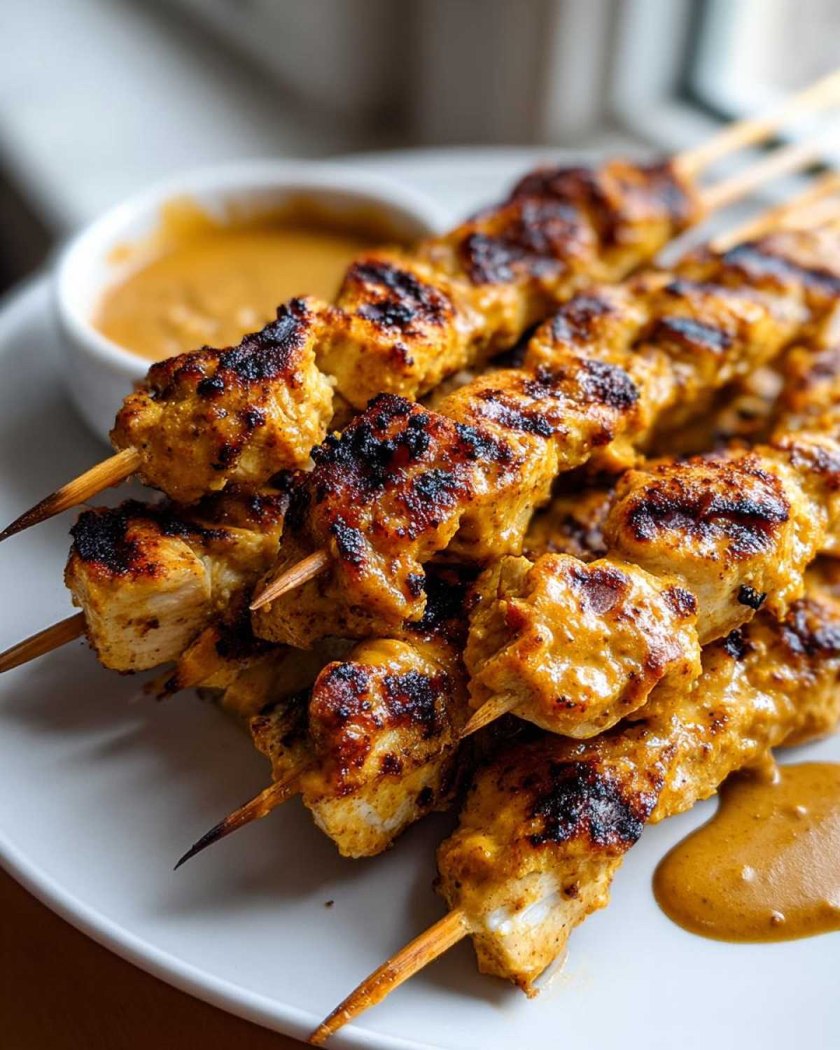 Close-up of perfectly grilled chicken satay skewers piled on a white plate next to a small bowl of peanut dipping sauce.