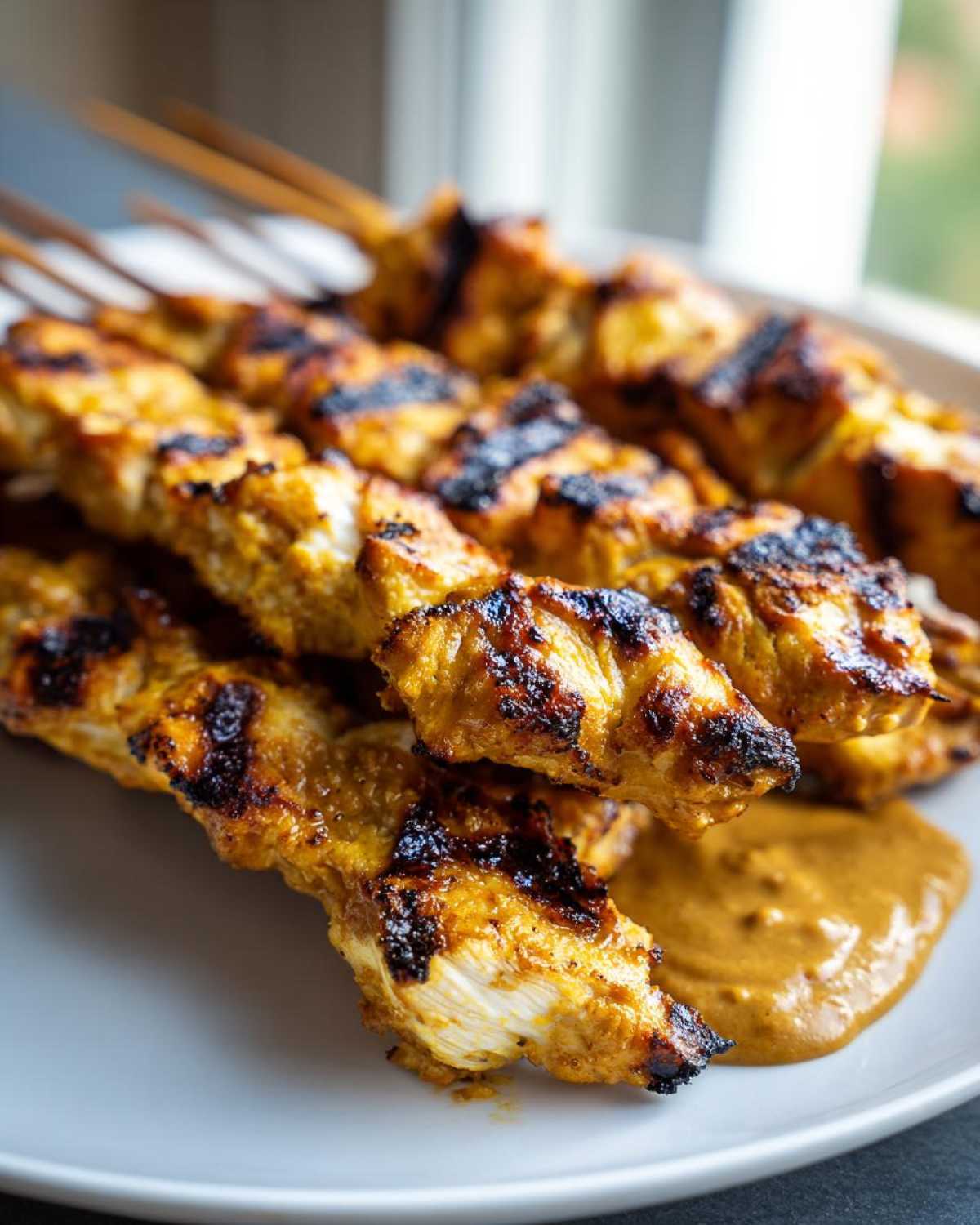 Close-up of perfectly grilled chicken satay skewers resting on a white plate next to a pool of rich peanut sauce.