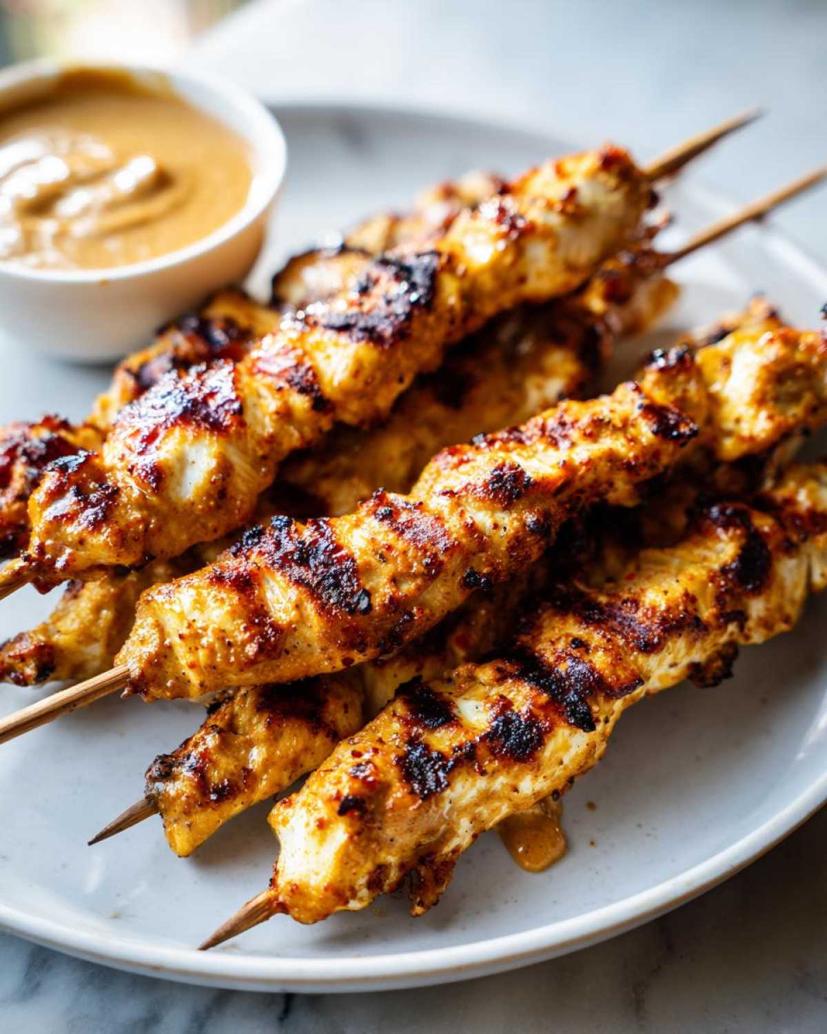 Close-up of grilled chicken satay skewers served on a plate next to a small bowl of peanut sauce.