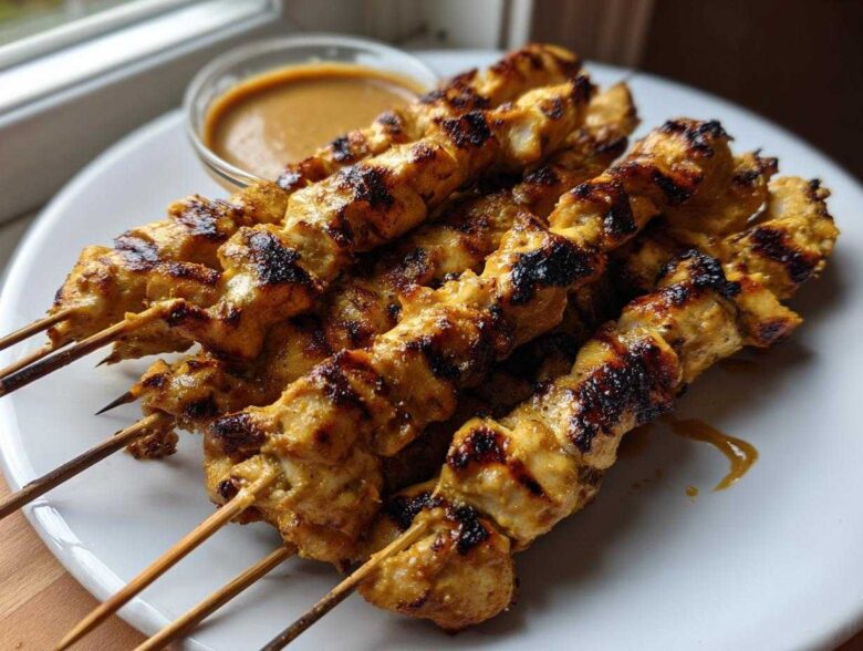 A close-up of several perfectly grilled chicken satay skewers served on a white plate next to a small bowl of peanut sauce.