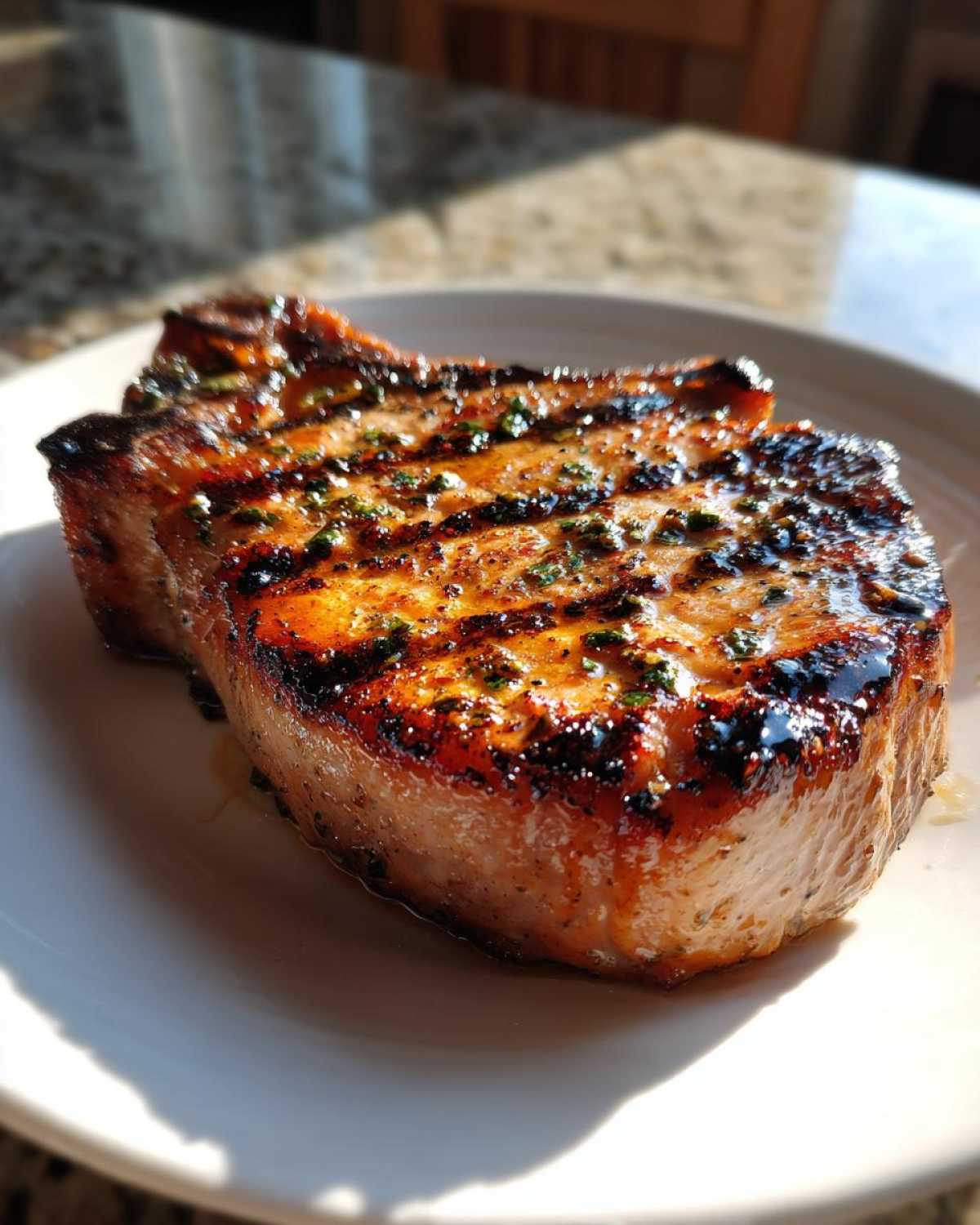 Close-up of a thick, grilled pork chop showing perfect char marks and a glossy marinade glaze.