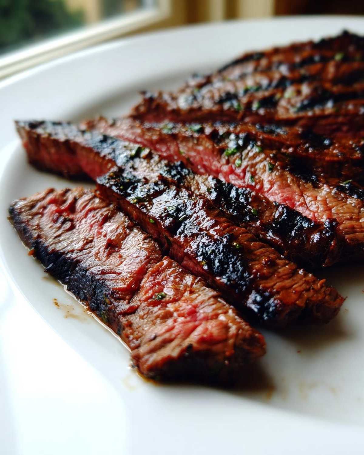 Close-up of perfectly grilled and sliced carne asada steak showing a medium-rare center.