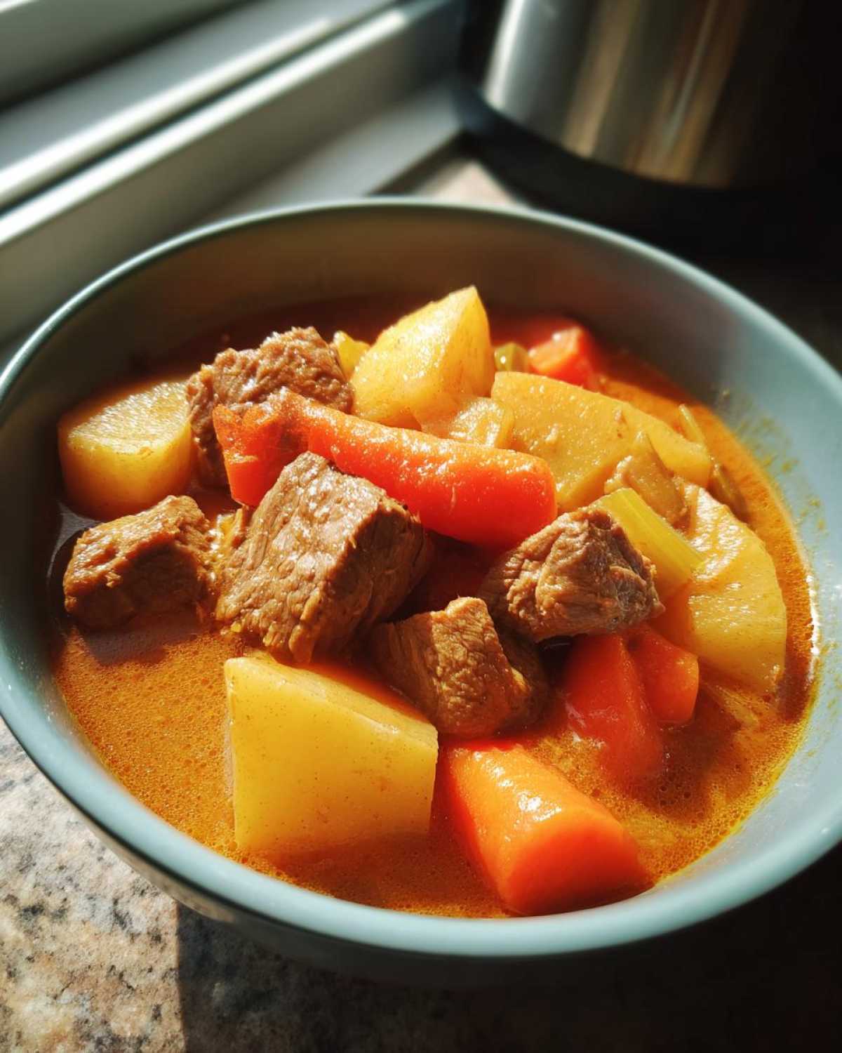 Close-up of a bowl filled with rich, orange-colored pork stew featuring tender meat chunks, potatoes, and carrots.