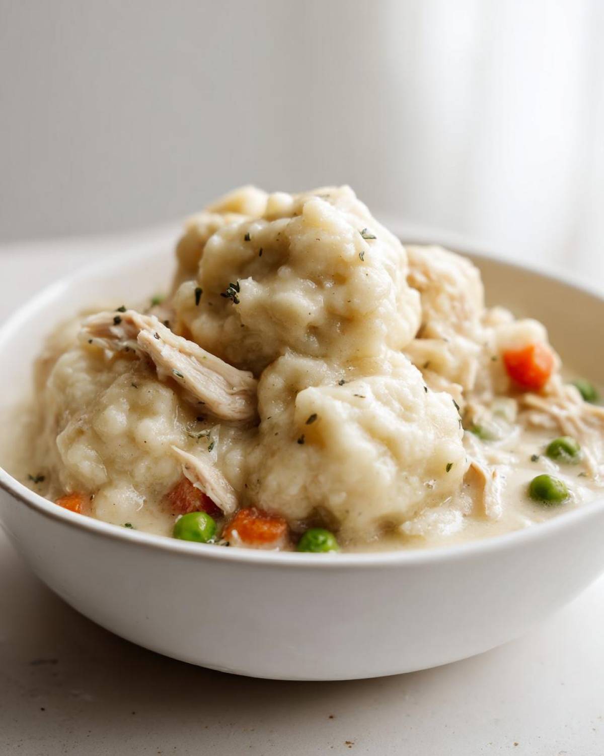 Close-up of fluffy dumplings and shredded chicken in a creamy sauce, featuring peas and carrots in this chicken and dumplings dish.