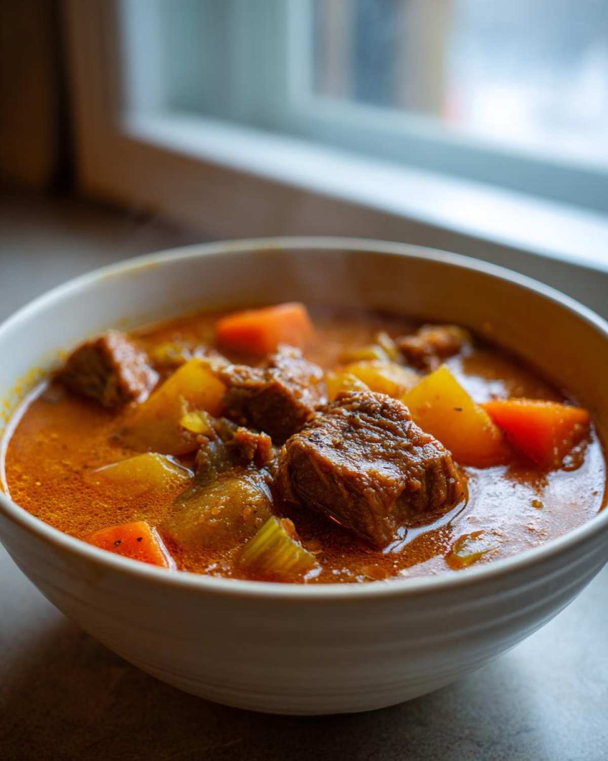 Close-up of a steaming bowl of rich, orange-colored pork stew featuring tender meat chunks, carrots, and potatoes.