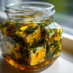 Close-up of cubes of marinated cheese soaking in oil with herbs and spices inside a clear glass jar.
