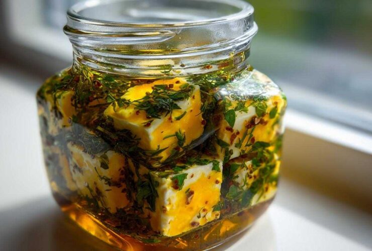 Close-up of cubes of marinated cheese soaking in oil with herbs and spices inside a clear glass jar.