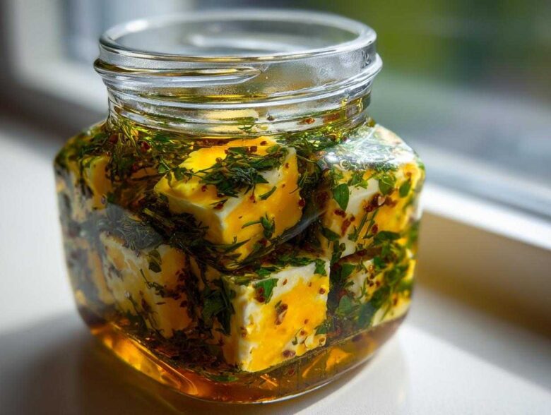 Close-up of cubes of marinated cheese soaking in oil with herbs and spices inside a clear glass jar.