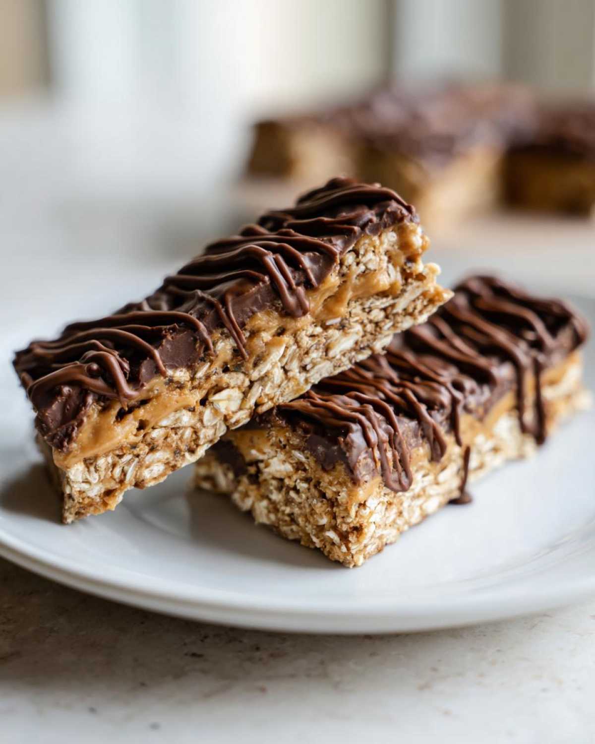 Two halves of homemade protein bars, featuring an oat base, peanut butter layer, and chocolate drizzle, stacked on a white plate.