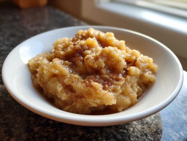 A close-up of chunky homemade applesauce sprinkled with cinnamon, served in a white bowl.