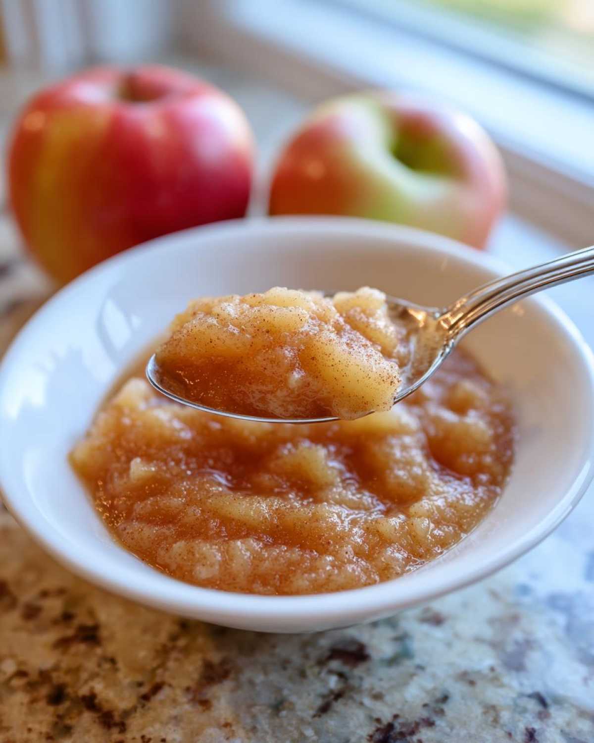 A spoonful of chunky, cinnamon-sprinkled applesauce being lifted from a white bowl, with fresh apples in the background.