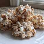 A pile of freshly made avalanche cookies drizzled with white chocolate and topped with mini marshmallows.
