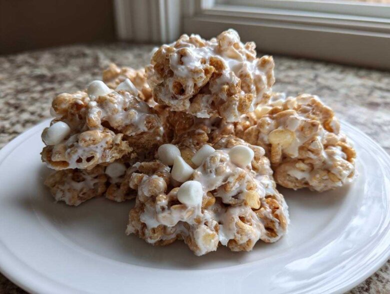 A pile of freshly made avalanche cookies drizzled with white chocolate and topped with mini marshmallows.