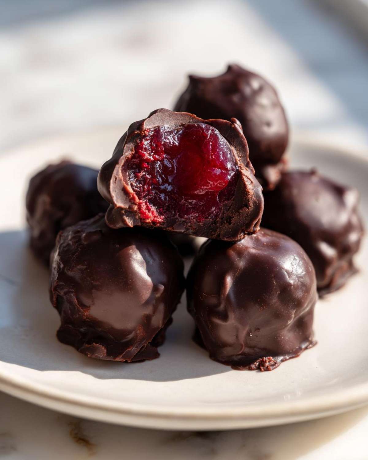 A stack of homemade chocolate covered cherries, one bitten open revealing the bright red cherry filling inside.