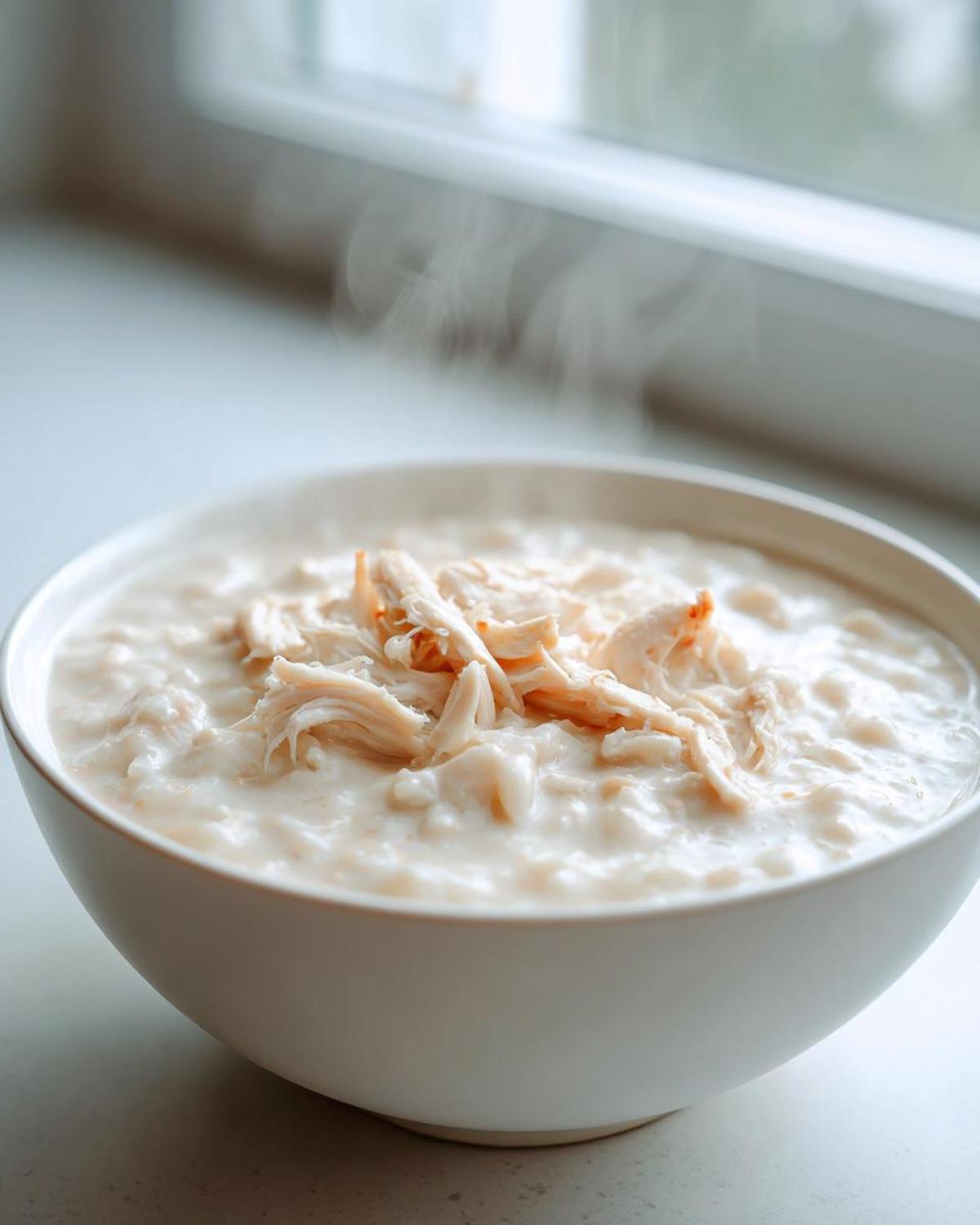 A white bowl filled with steaming homemade cream of chicken soup, topped with shredded chicken.