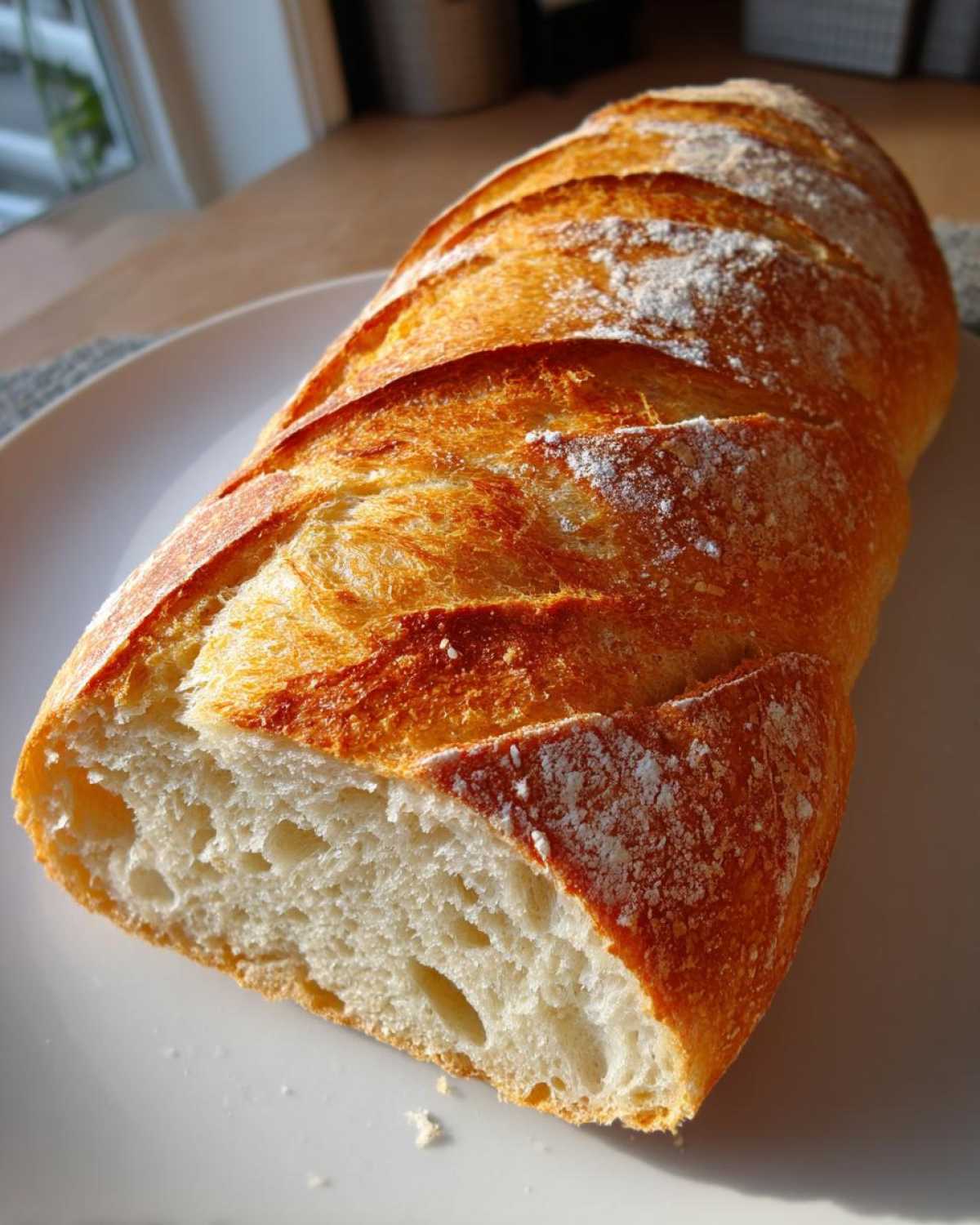 Close-up of a freshly baked French bread loaf, showing a golden, scored crust and a soft interior crumb.