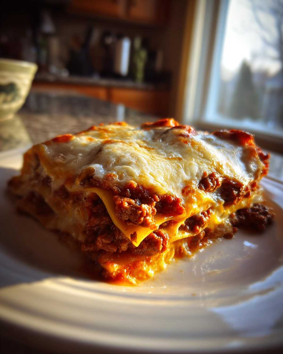 A close-up of a rich, multi-layered slice of homemade lasagna topped with bubbling melted cheese.