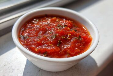 A small white bowl filled with rich, chunky homemade pizza sauce seasoned with herbs and spices.