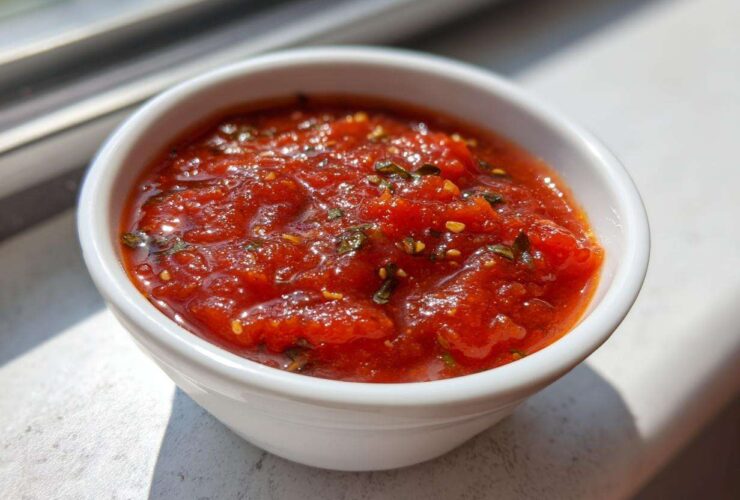 A small white bowl filled with rich, chunky homemade pizza sauce seasoned with herbs and spices.