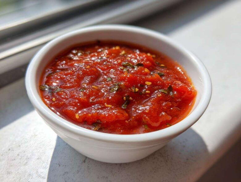 A small white bowl filled with rich, chunky homemade pizza sauce seasoned with herbs and spices.