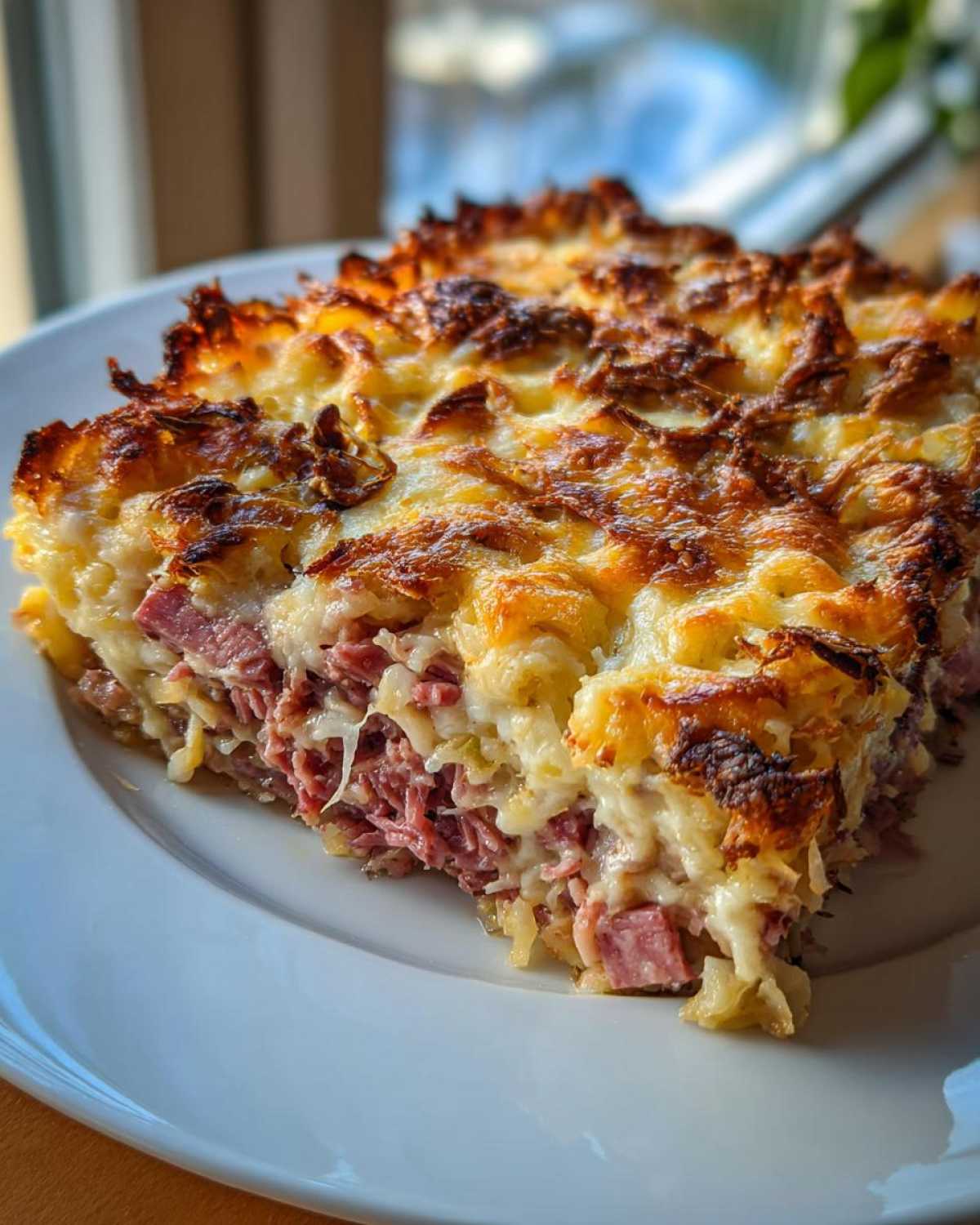 A hearty slice of homemade reuben bake showing layers of corned beef, sauerkraut, and a golden, bubbly cheese topping.