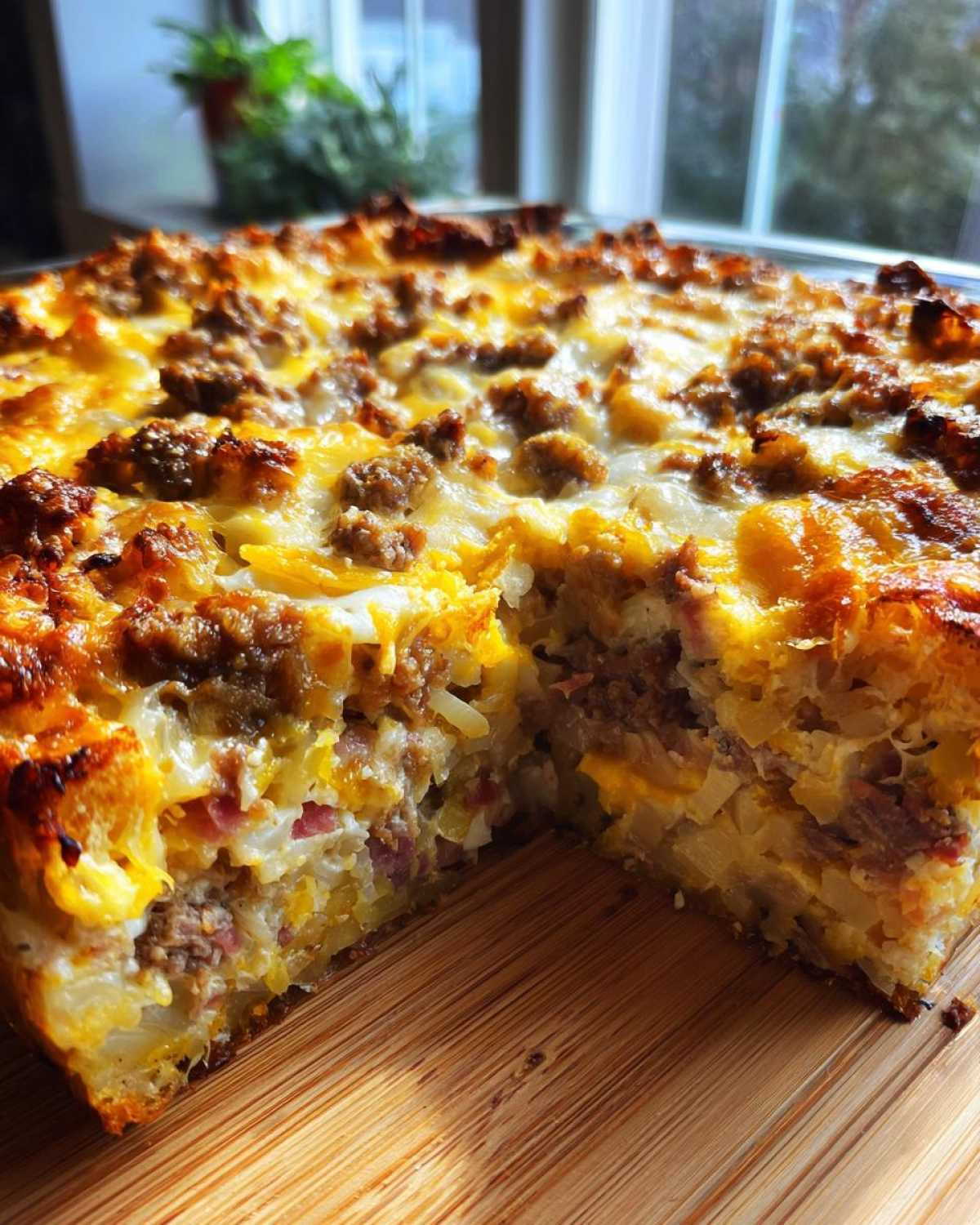 Close-up of a thick slice removed from a golden brown homemade Reuben bake, showing layers of potatoes, meat, and melted cheese.