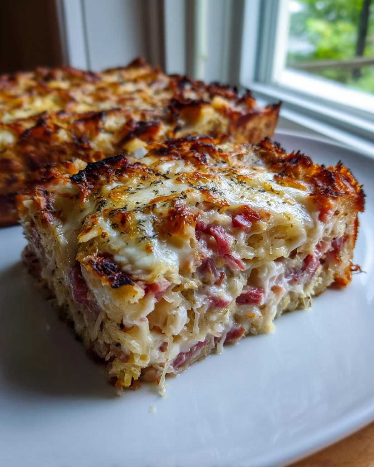 Close-up of a square slice of homemade Reuben bake with melted cheese and corned beef.