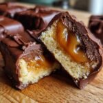 Close-up of a homemade twix bar cut in half, revealing a shortbread base, gooey caramel center, and chocolate coating.