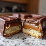 Close-up of a homemade twix bar cut in half, showing the shortbread base, gooey caramel layer, and chocolate coating.