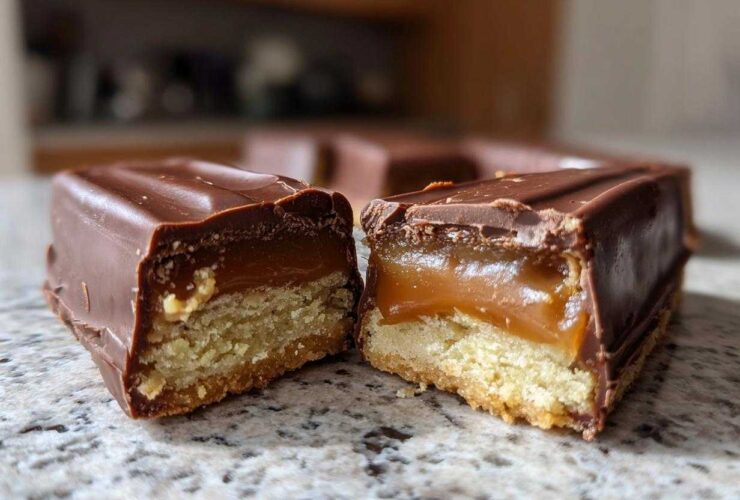 Close-up of a homemade twix bar cut in half, showing the shortbread base, gooey caramel layer, and chocolate coating.