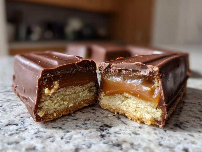 Close-up of a homemade twix bar cut in half, showing the shortbread base, gooey caramel layer, and chocolate coating.